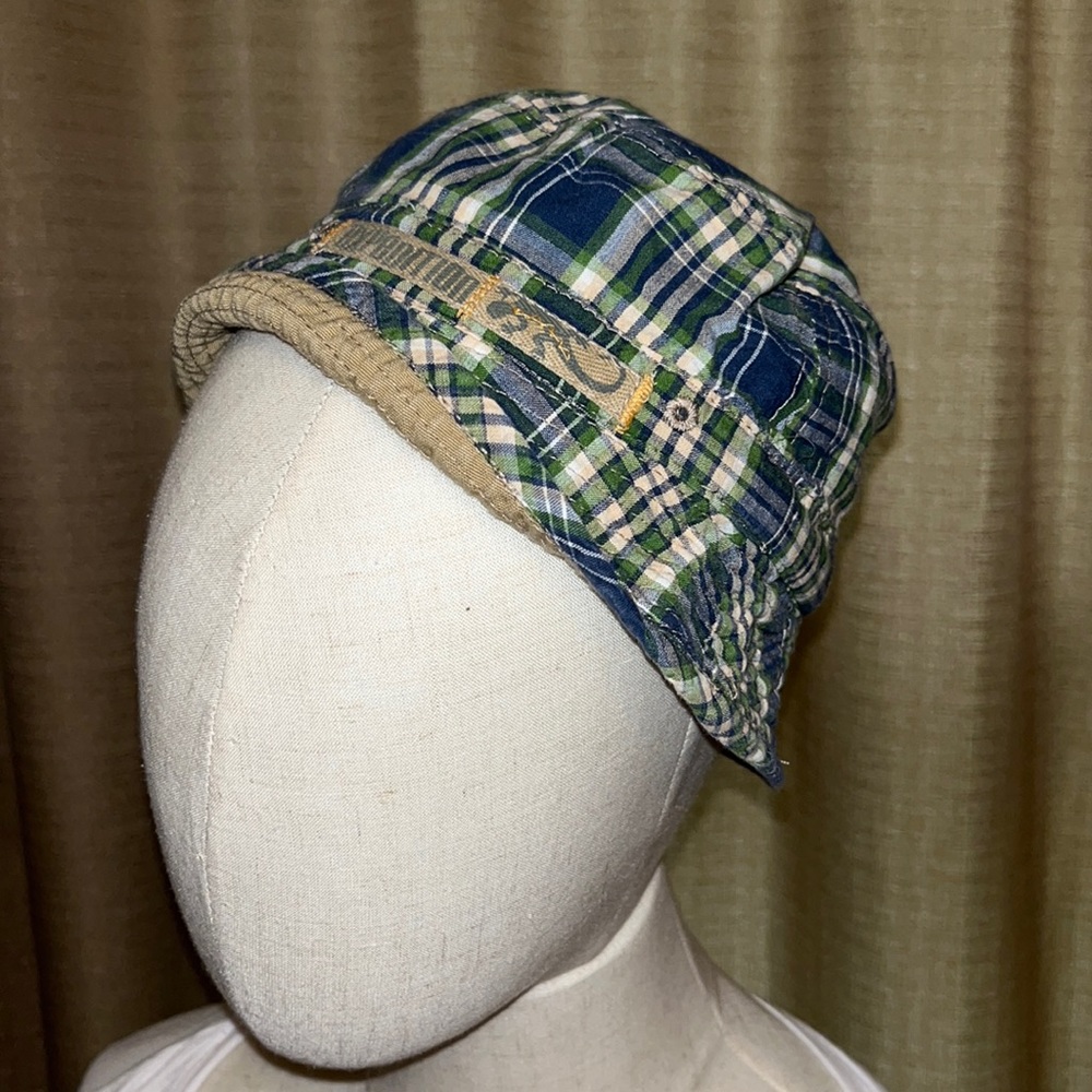 Toddler Boys Reversible Bucket Hat Khaki and Blue Green White Tan Plaid